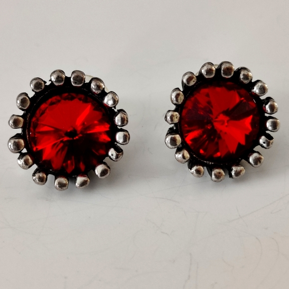 Designer Red Rivoli Glass Earrings Signed Avant Garde - Picture 8 of 16